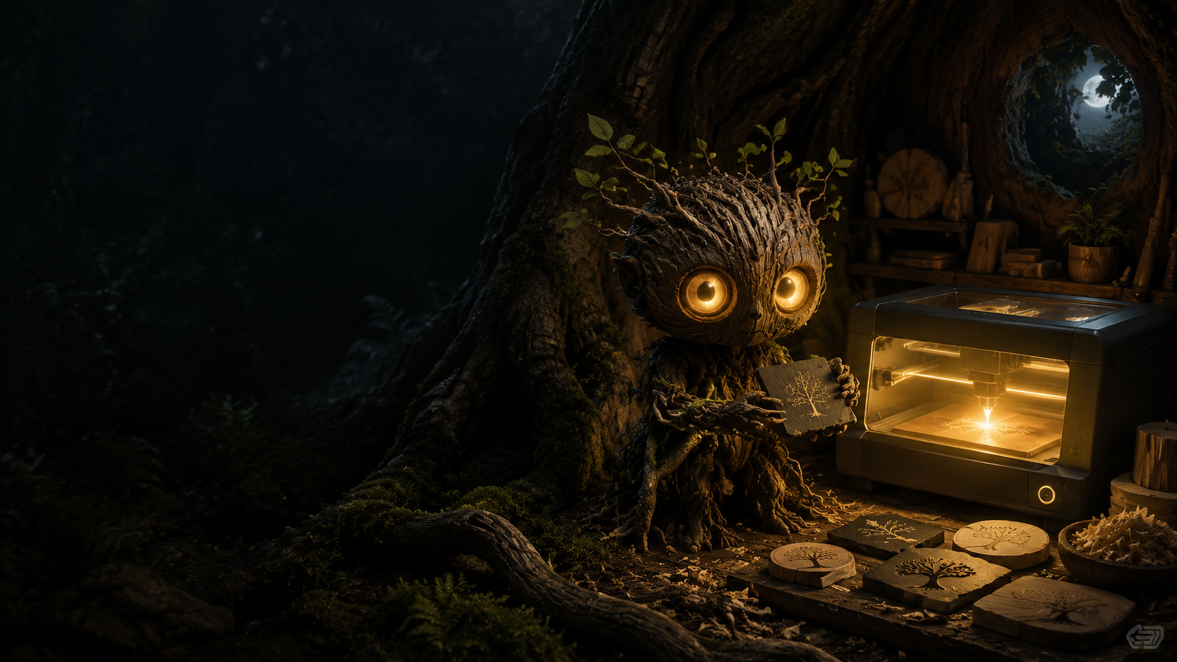 Knot, Hollow Oak Designs' woodland guardian, watching over the workshop